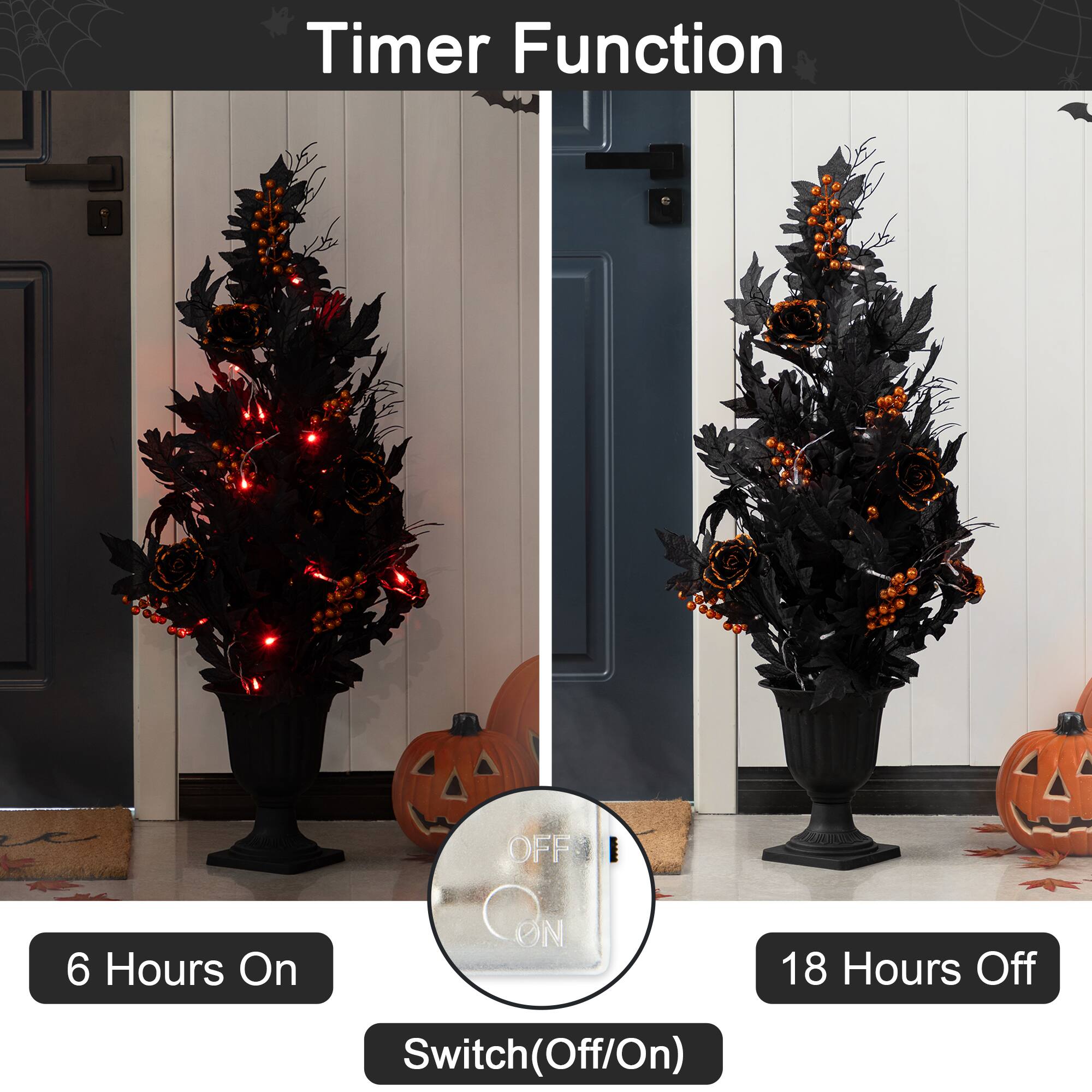 Glitzhome® 36"H Halloween Lighted Black Rose with Orange Glitter Urn Porch Tree with Timer